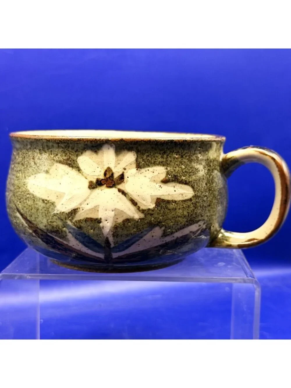 Vintage Stoneware Soup Mug Bowl Hand Painted White Flower Speckled Glaze 5